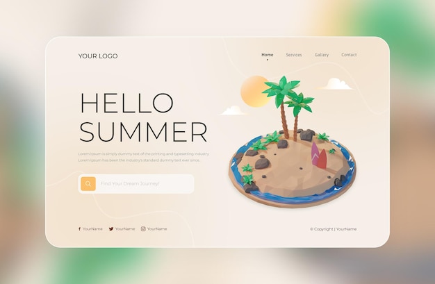 3d render of hello summer landing page design template
