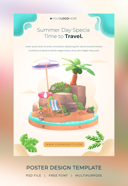 3d визуализация, шаблон плаката hello summer, с кокосовой пальмой и пляжем с зонтиком