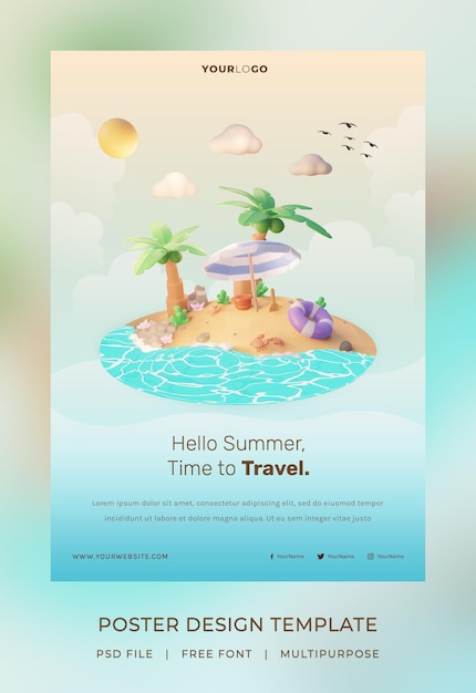 Rendering 3d, modello di poster hello summer, con illustrazione di albero di cocco e ombrellone da spiaggia