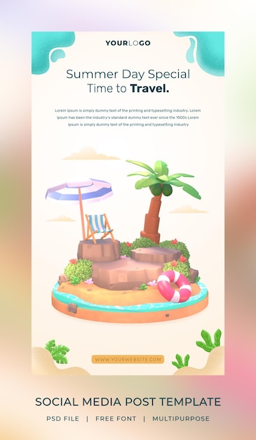 3d визуализация привет лето шаблон поста в социальных сетях с иллюстрацией кокосовой пальмы и зонтика