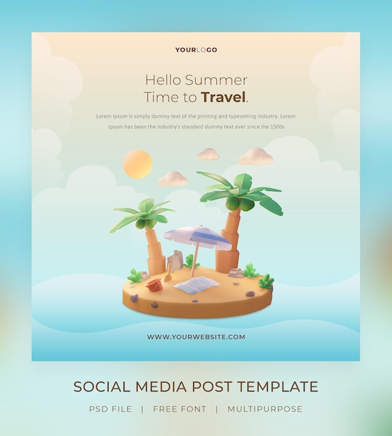 3d визуализация, hello summer, шаблон сообщения в социальных сетях, с иллюстрацией кокосовой пальмы и пляжем с зонтиком