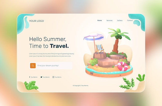 3d render, hello summer, website template, with illustration coconut tree and umbrella beach