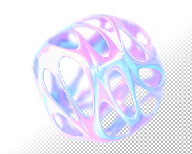 3D render holografische holle bal of bol vloeibaar chromatisch object met gradiënt parelmoer textuur paarse ronde futuristische sculptuur met gaten abstracte vorm op witte achtergrond