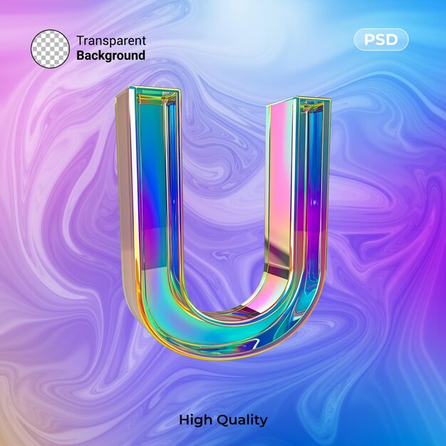 3d render of holographic y2k alphabet u uppercase isolated on colorful abstract background