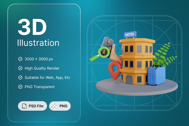 PSD 3d 렌더링 호텔 여행 개념 현대적인 디자인