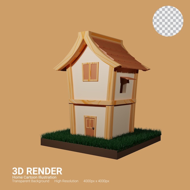 PSD 3d визуализация дома с текстурой дерева и травой