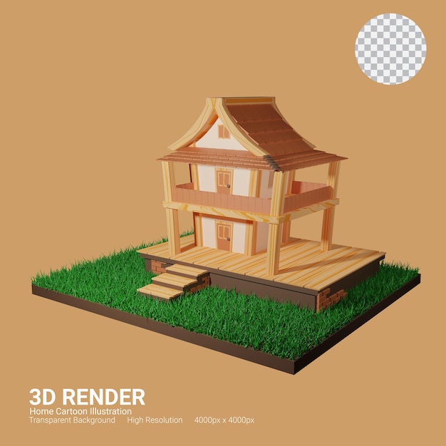 나무 질감과 잔디 3d 렌더링 하우스 그림