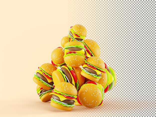 PSD 3d render huge stack of fast food meal hamburgers or burgers isolated on background junk food problem of unhealthy nutrition overeating concept symbol of diet temptation banner