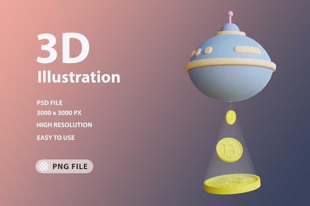 PSD 3d render icon bitcoin abduction by ufo