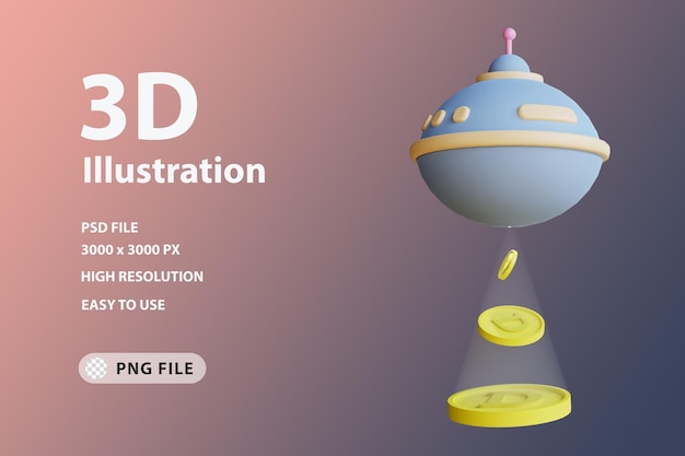 PSD 3d render icon dogecoin abduction by ufo