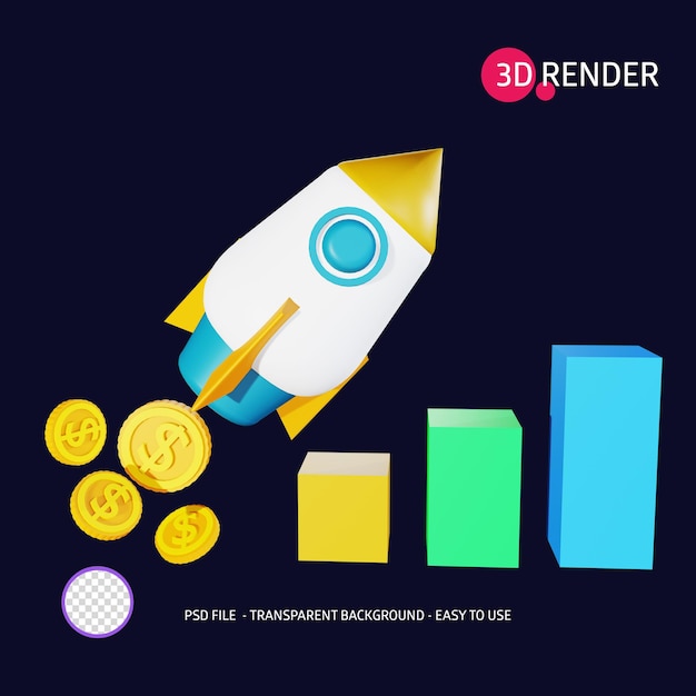 PSD 3d render icon dollar rocket 3