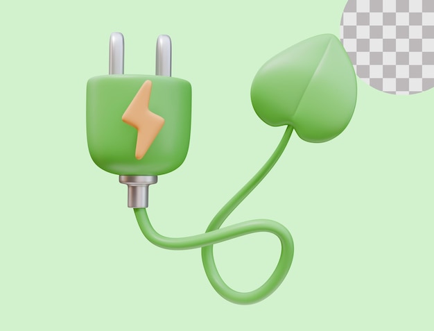 3d render icon eco plug with lightning bolt and plant on cable ecology green energy environment