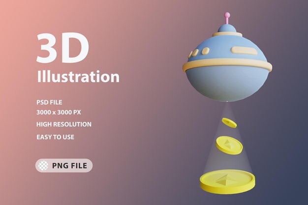 PSD 3d render icon ethereum abduction by ufo