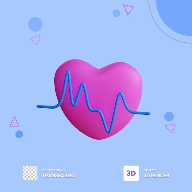 PSD 3d render icon heart cardiogram with transparent background