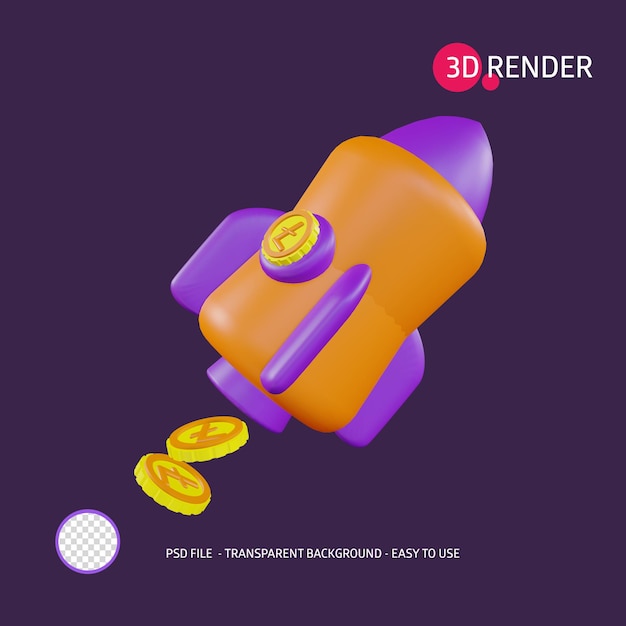 3d render icon litecoin rocket