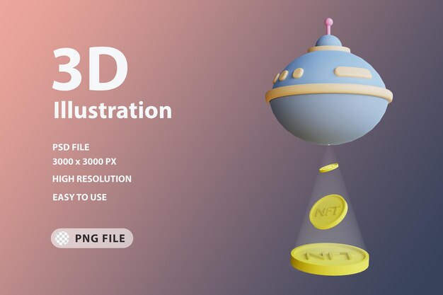 PSD 3d render icon nft coin abduction by ufo