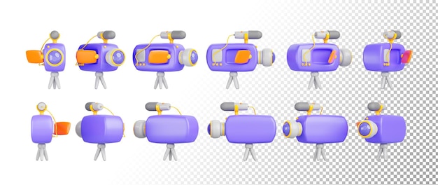 PSD 비디오 카메라 회전의 3d 렌더링 아이콘 세트 카 고립 된 보라색 오렌지 영화 카메라와 마이크 표지 영화 제작 또는 tv 게임에 대한 순서 회전 요소와 함께 애니메이션