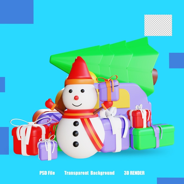 Render 3d icona pupazzo di neve confezione regalo albero 3