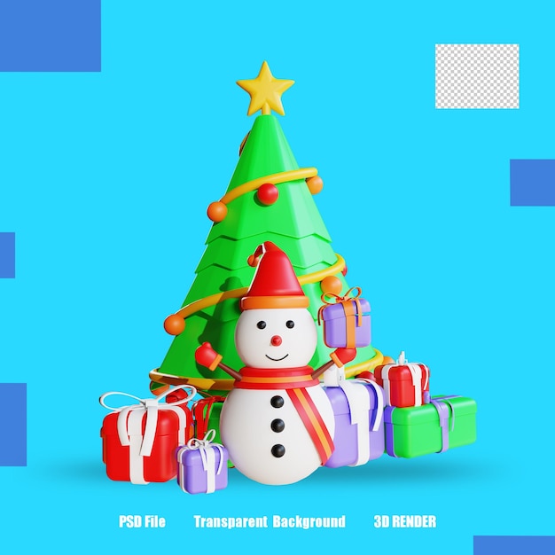 Render 3d icona pupazzo di neve confezione regalo albero