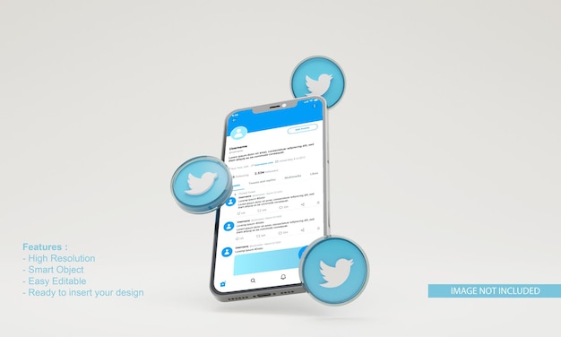 3DレンダリングアイコンTwitterイラスト携帯電話モックアップ