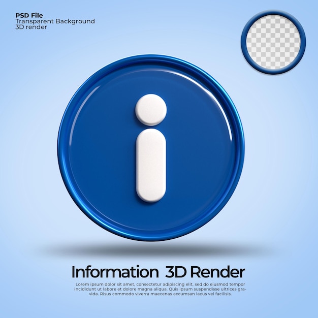 Icone di rendering 3d informazioni sui simboli con colori blu backgorund trasparenti