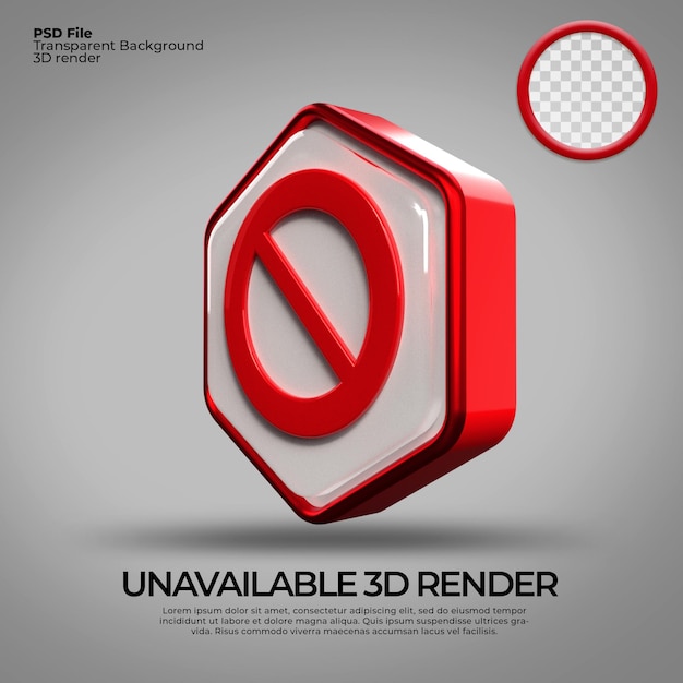 Icone di rendering 3d simbolo non disponibile colore rosso con sfondo trasparente