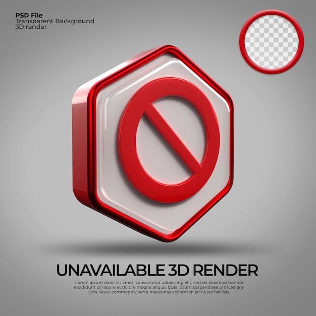 PSD icone di rendering 3d simbolo non disponibile colore rosso con sfondo trasparente