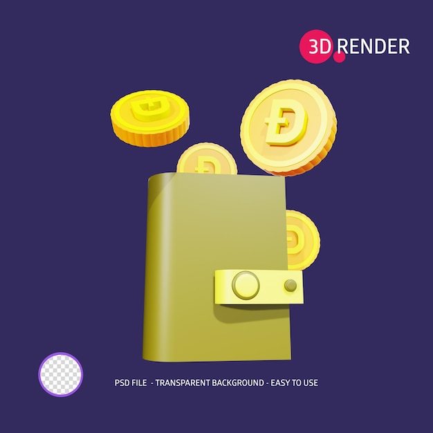 3d render icoon dogecoin portemonnee