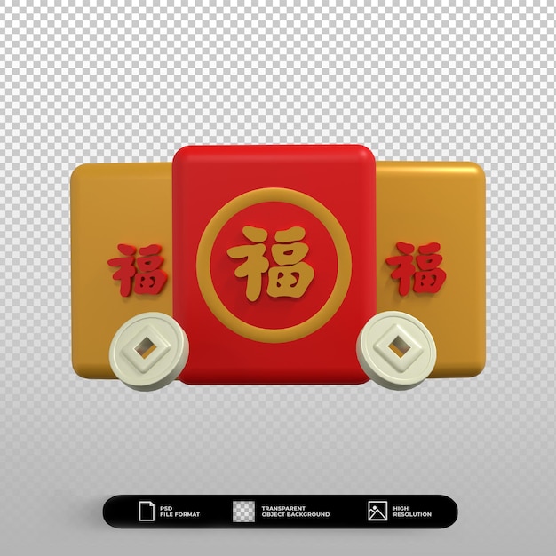 3d render illustratie chinees nieuwjaar enveloppen met zilveren munten pictogram geïsoleerd