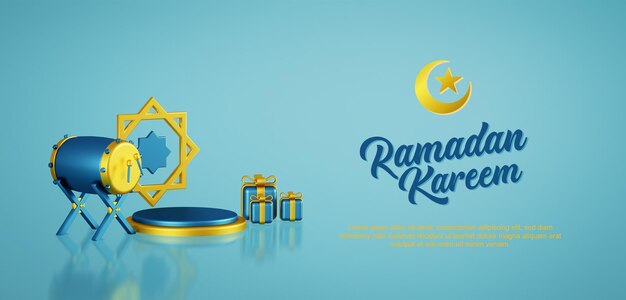 3d render illustratie ramadan groeten met arabische ornament drum geschenkdoos en ronde podium premium psd