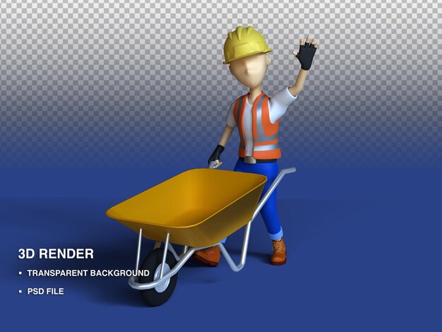 PSD 3d render illustratie stripfiguur die de kruiwagen vasthoudt door psd-bestand te zwaaien