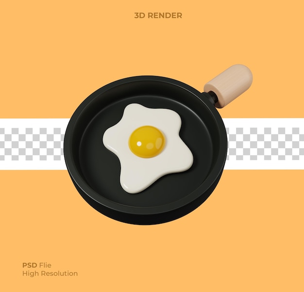 3d render illustratie van een zwarte koekenpan met gebakken ei geïsoleerd