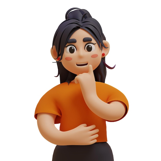 3D-render illustratie van jong meisje in oranje T-shirt die denkt en de vinger omhoog heft