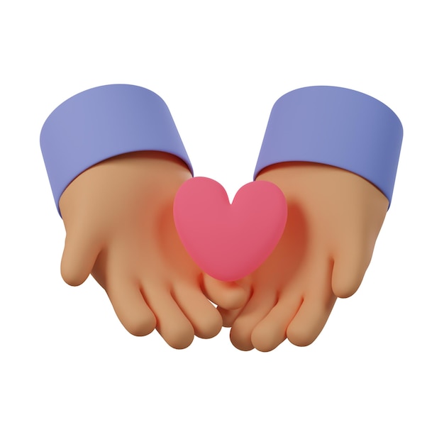 PSD 3d render illustratie van menselijke handen met hart cartoon stijl