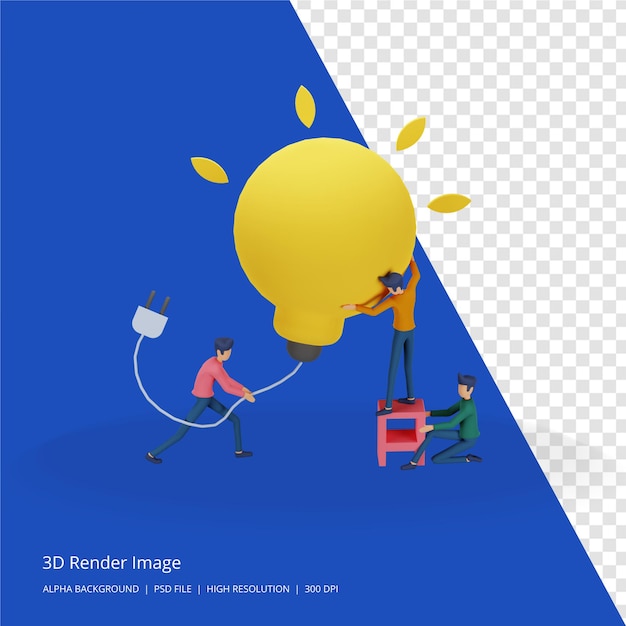 PSD 3d render illustratie van teamwork business brainstorming idee concept met grote gele gloeilamp, kleine mensen karakter