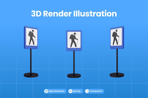 PSD 3d render illustratie verkeersborden van cross country route