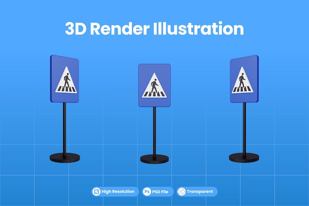 PSD 3d render illustratie verkeersborden van crosswalk