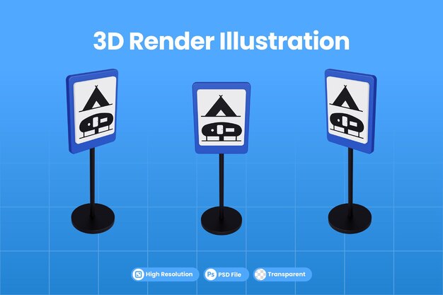 PSD 3d render illustratie verkeersborden van kamp