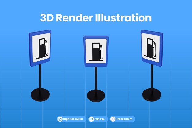 3d render illustratie verkeersborden van tankstation