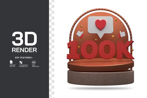 3d render illustration 100k followers celebration with podium isolated.