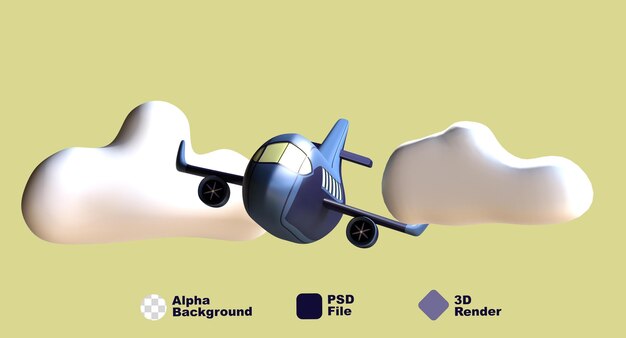 PSD Иллюстрация 3d-рендера путешествия на самолете с облаками в воздухе