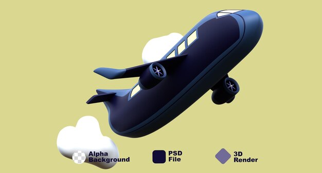 PSD 3dレンダリングイラスト 飛行機の旅行 空中に雲がある飛行旅行