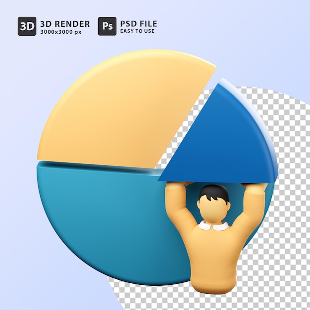 Illustrazione di rendering 3d che analizza il diagramma uomo con il concetto di marketing di analisi del grafico a torta