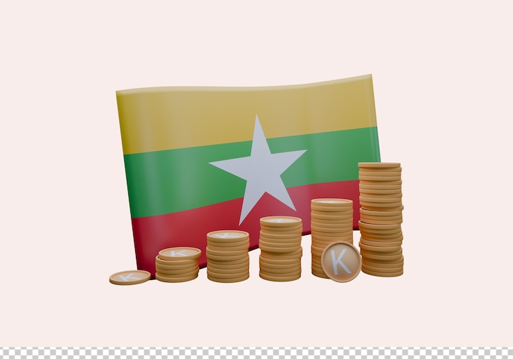 PSD 3d render illustration of burma flag and currency called kyat