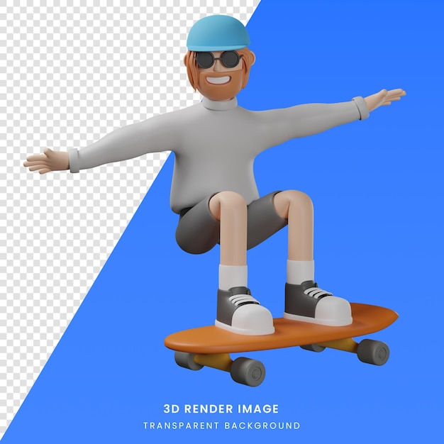 3d render illustration cartoon character of man playing skateboard with jump gesture