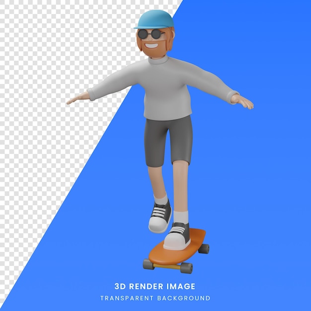 3d rendono l'illustrazione personaggio dei cartoni animati dell'uomo che gioca a skateboard