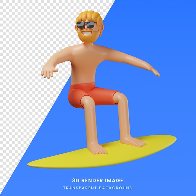 PSD 3d render illustration cartoon character of man surfing with jump gesture