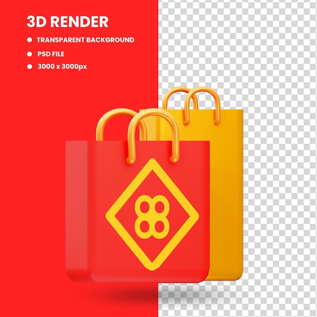 PSD 3d render illustration of china shopping bag icon, chinese new year