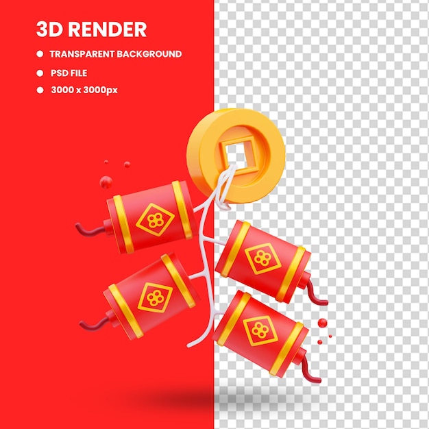 PSD 3d render illustration of chinese firecracker icon, chinese new year