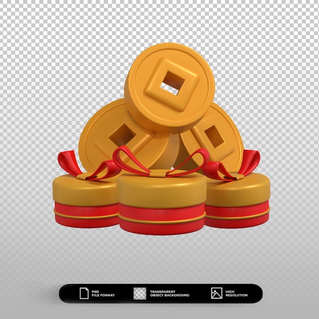 Illustrazione del rendering 3d confezione regalo per il capodanno cinese e icona delle monete d'oro isolate